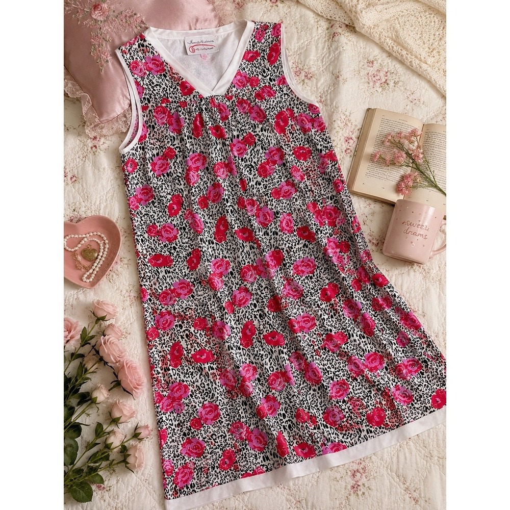 Intimate Accents Nightgown Womens XL Pink Rose Leopard Print Nylon Romantic